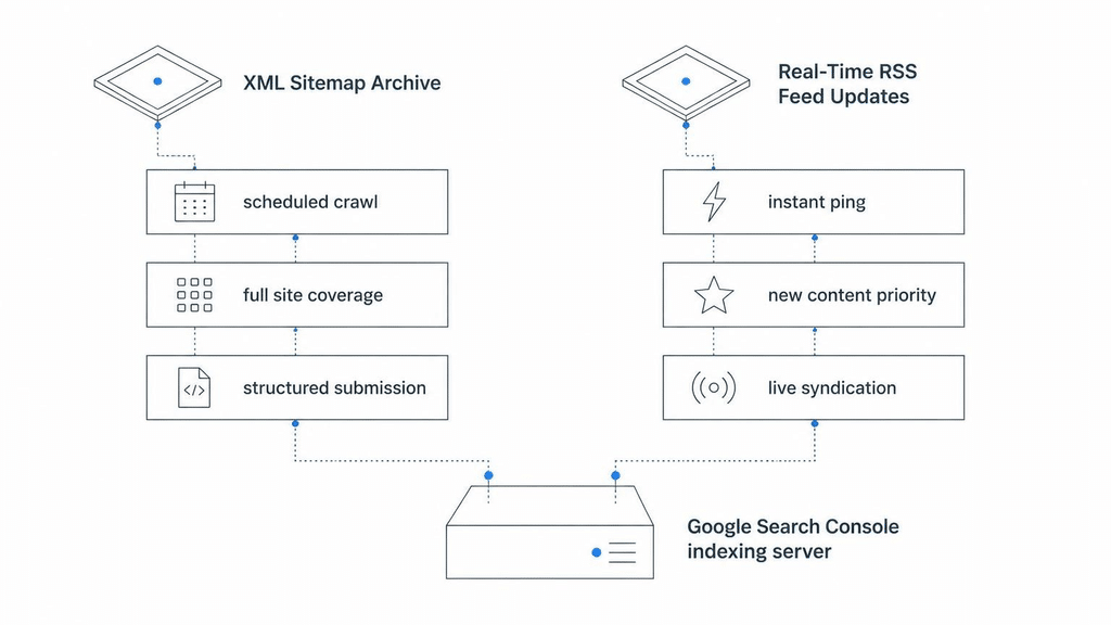 전체 사이트맵 sitemap.xml과 최신 RSS 피드의 크롤링 주기 비교 인포그래픽